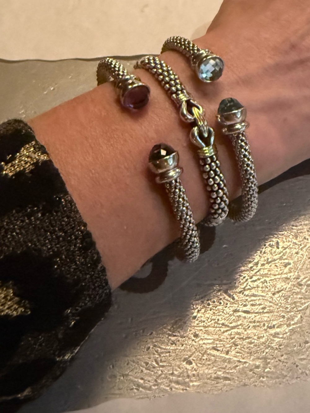 Sterling caviar cuff with amethyst stones
